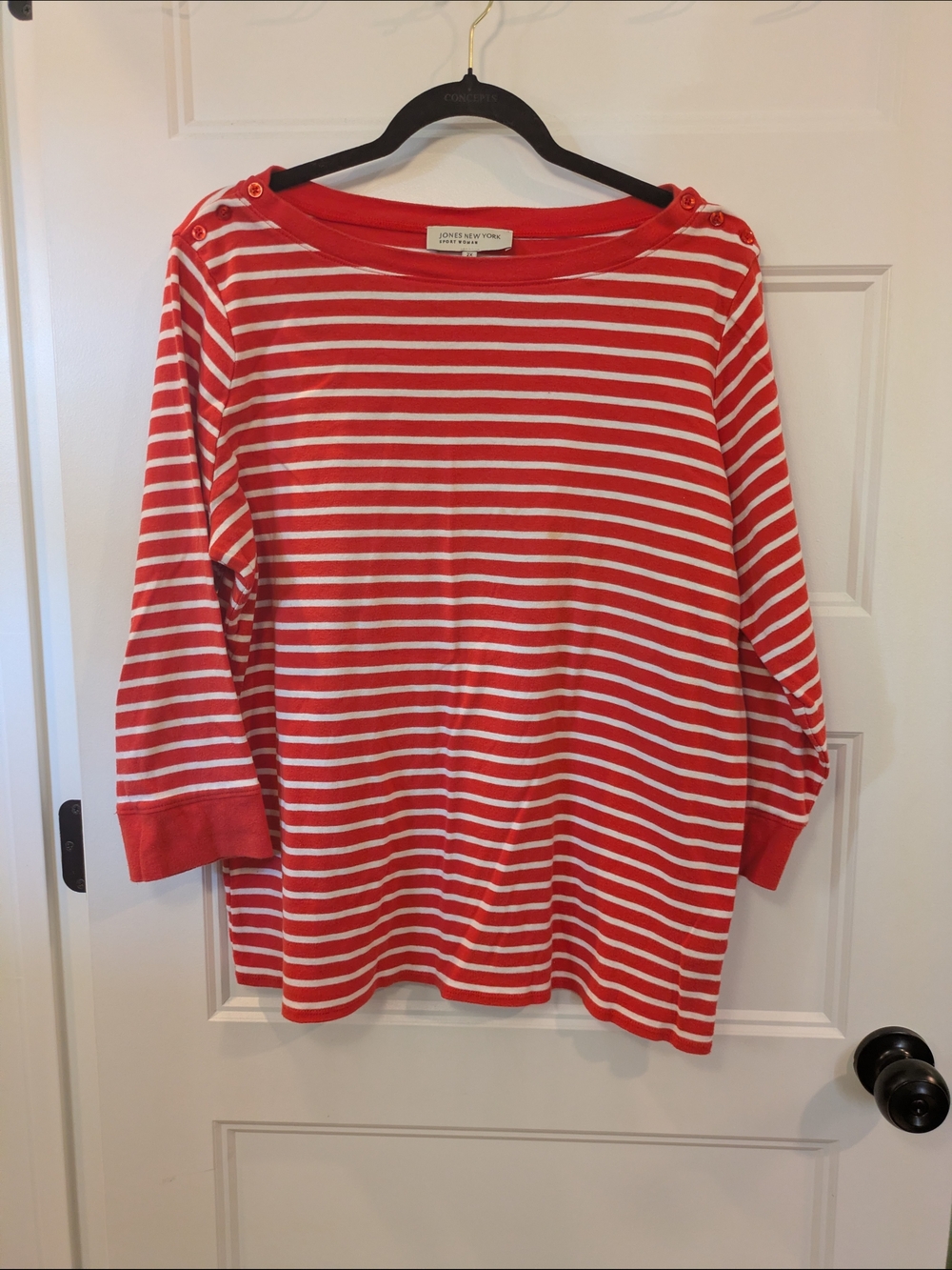 🔴 3/$15  Jones New York Orange & White Striped Boatneck Top